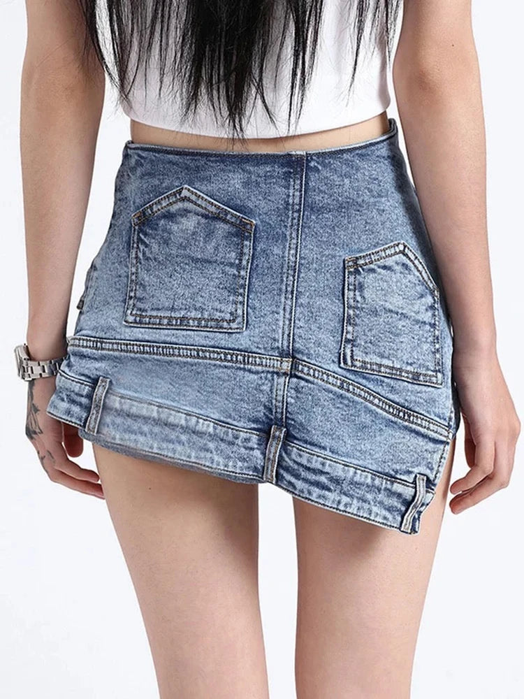 TWOTWINSTYLE Patchwork Bolso Irregular Chique Denim Shorts Para Mulheres Cintura Alta Zíper Emendado Designer Calças Curtas Femininas Novas