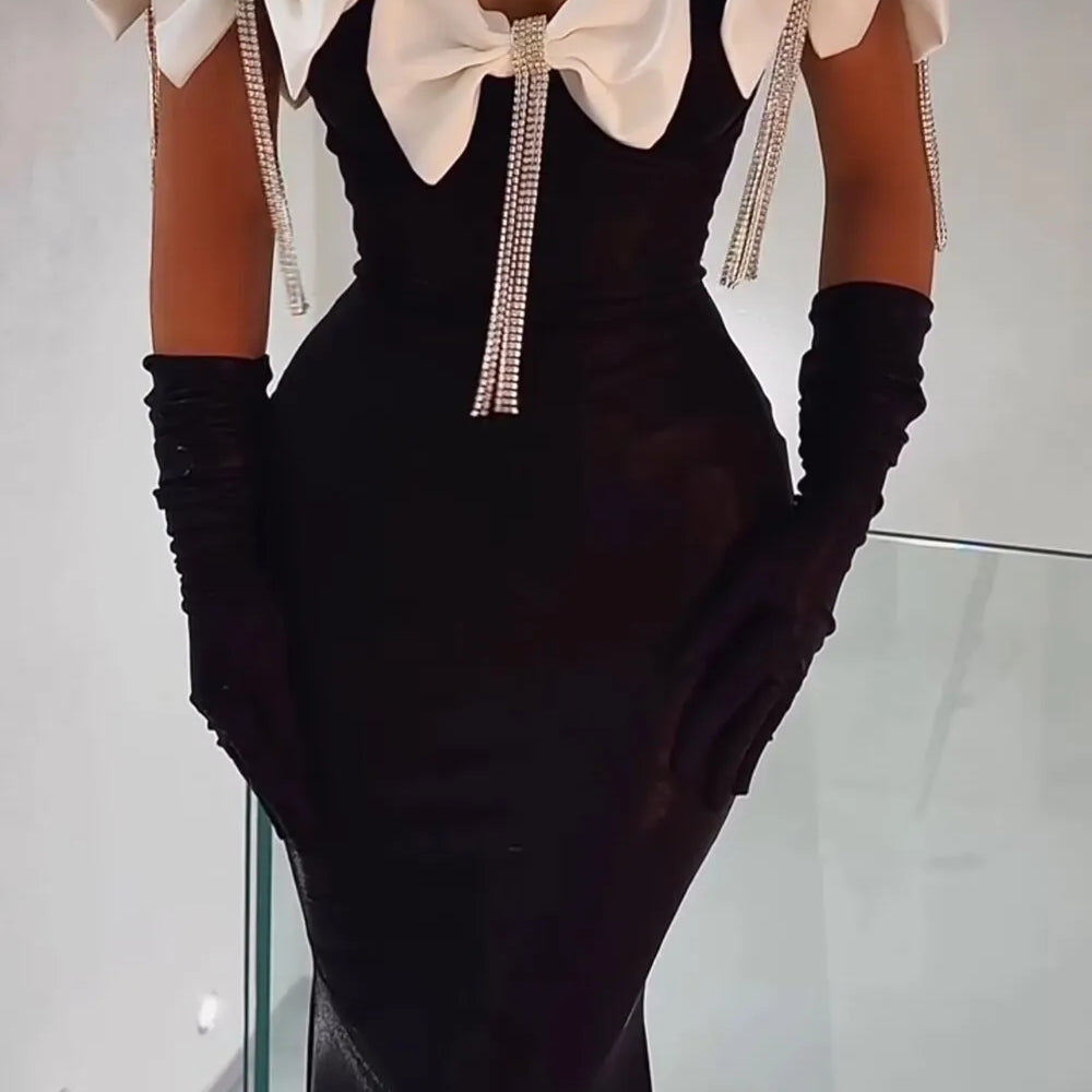 Women Celebrity Sexy Off Shoulder Flower Diamonds Black Bow Tie Maxi Long XL Bandage Dress Elegant Evening Club Party Dress