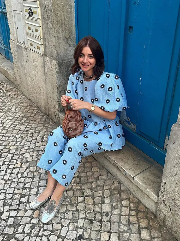 Women Print Ruffles Shirts 2 Pcs Sets Fashion Short Puff Sleeve Round Neck Tops High Waist Pant Suits New Lady Commuting Outfit