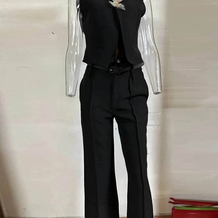 Solid Casual Vest Pants Women 2 Piece Set V-neck Sleeveless Single Breasted Vests Wide Trousers Summer Office Lady Outfit