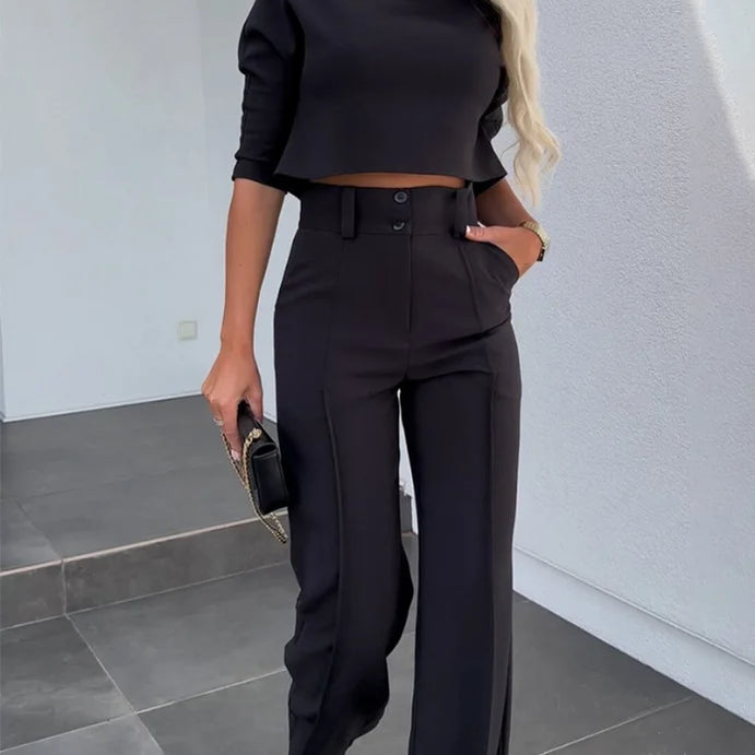 2024New Fashion Women's Elegant Small High Neck Casual Shorts Top Pocket Micro Horn Elegant Pants Set