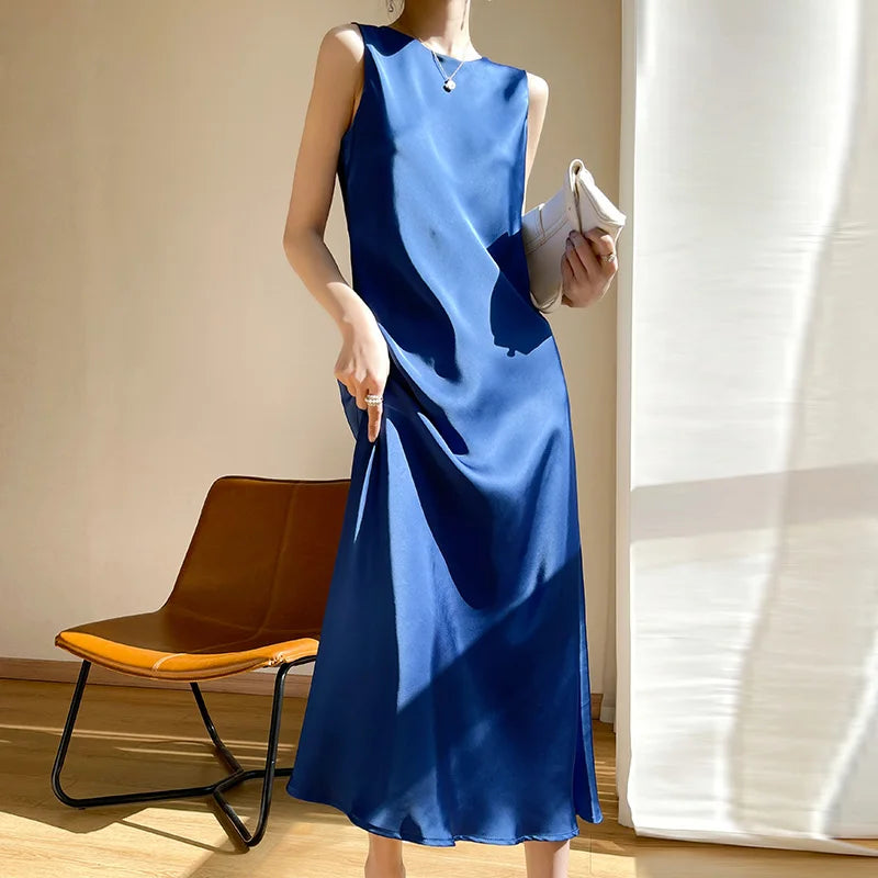 Light Luxury Acetate Satin Silk Sling Dress Female French Niche Slim Sexy V-neck Temperament Bottoming Dress Blue