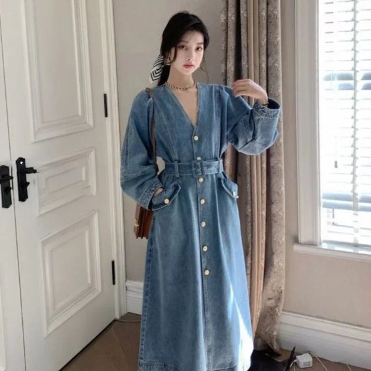 Dresses for Women Autumn V-Neck Temperament Cowboy Dresses LOOSE Solid Robe Korean Fashion Versatile A-line Long Dress