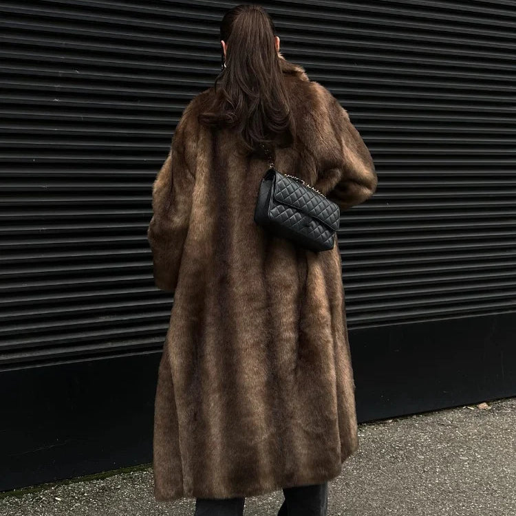 Women Retro Luxury Faux Fur Coat Fashion Lapel Single Breasted Long Sleeve Pockets Jacket Winter Plush Warm High Street Outwear