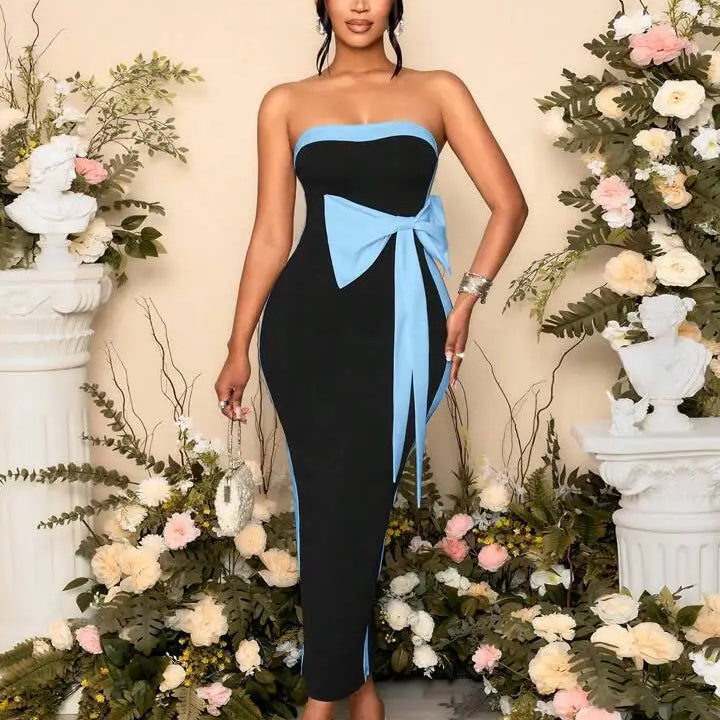 High Quality Women Sexy Strapless Off the Shoulder Bow Bodycon Long Bandage Dress Nightclub Party Celebrate Birthday Outfit