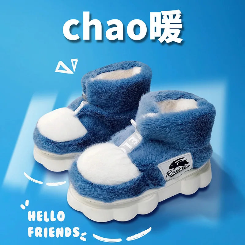 Women Warm Cotton Shoes Couples Winter Home Slippers Soft Plush Thick Sole Fluffy Footwear Female Male Indoor Street Snow Boots blue