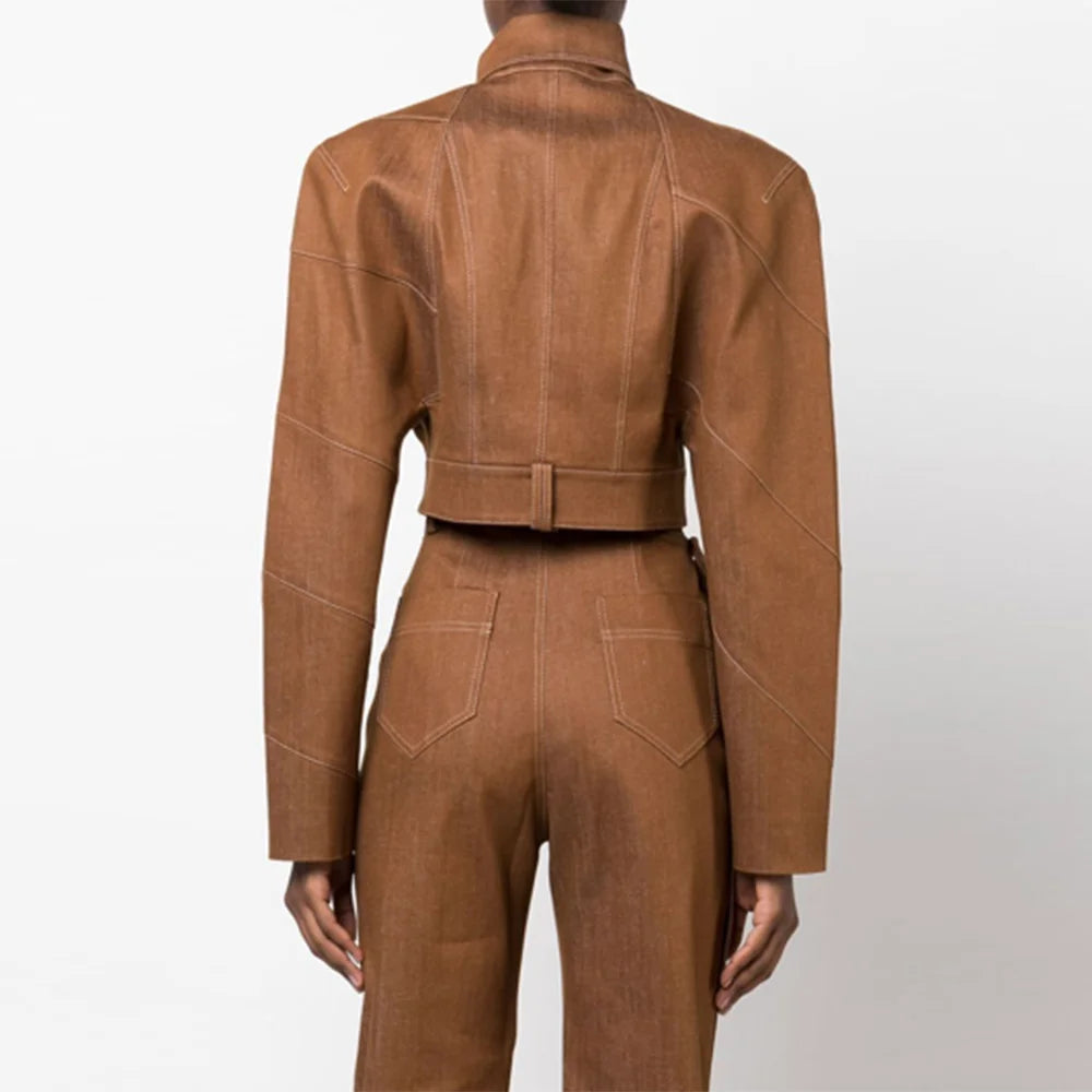 TWOTWINSTYLE Fashion Two Piece Set for Women Stand Neck Long Sleeve Spliced Button Coat High Waist Pants Female Temperament New