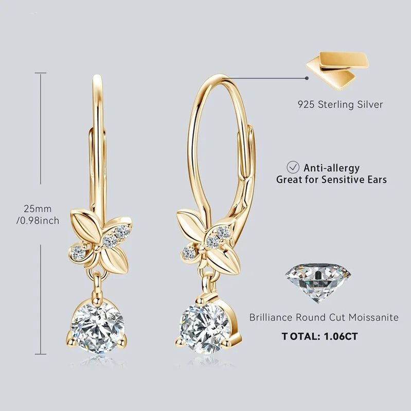 IOGOU 5mm Moissanite Drop Clip Earrings 925 Sterling Silver Four-leaf Clover Earrings for Women Trend Wedding Party Jewelry