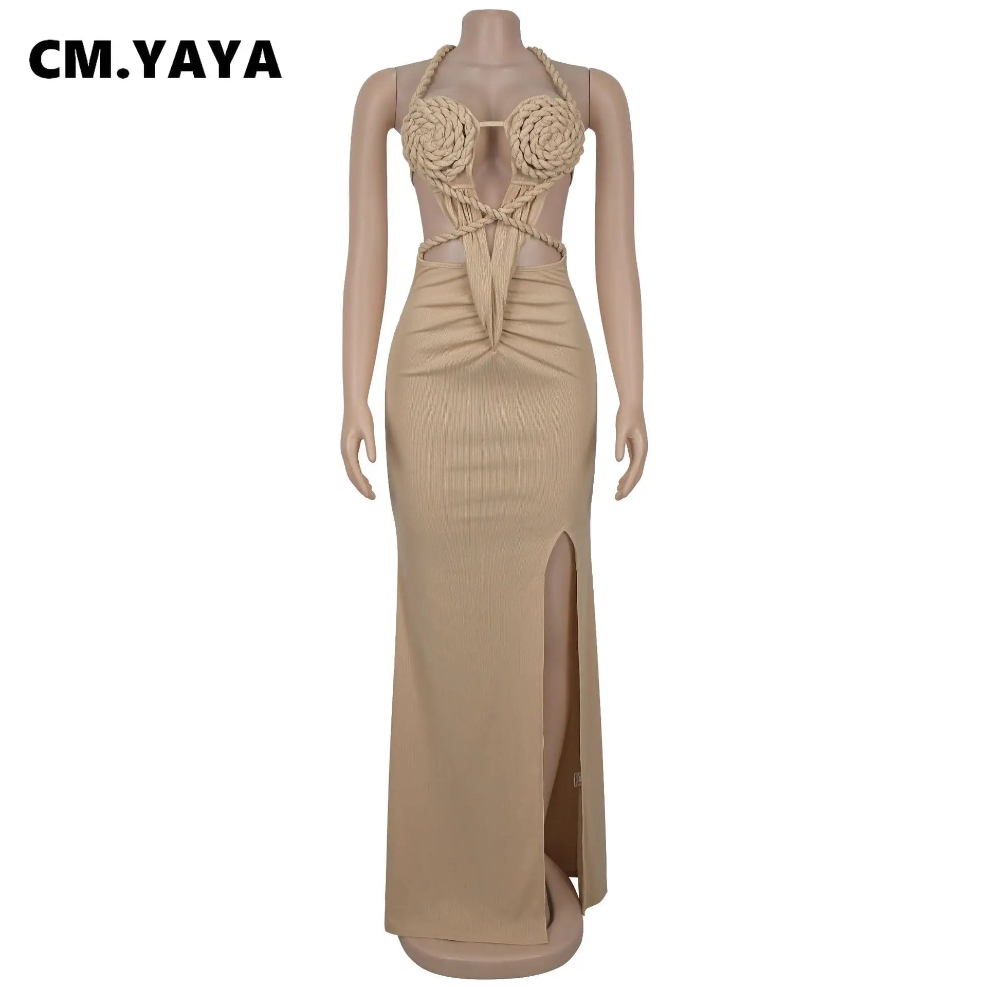 CM.YAYA Women Hemp Rope Halter Neck Stacked Ruched High Split Knit Bodycon Midi Maxi Long Dress 2025 Birthday Sexy Party Dresses