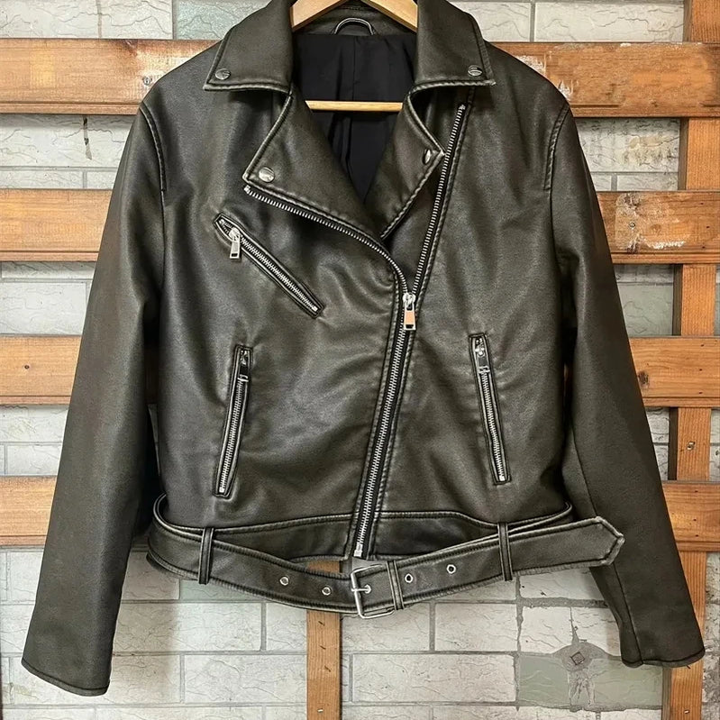 Spring Woman Faux Leather Jacket Chic Vintage Short Lapel Zipper Belt Biker Coats Fashion Streetwear Mujer Tops Long brown