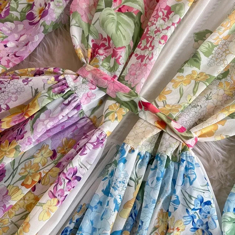 2024 Fashion Bohemain Flower Maxi Dress Women's Stand Long Lantern Sleeve Single Breasted Floral Print Lace Up Loose Boho Robe