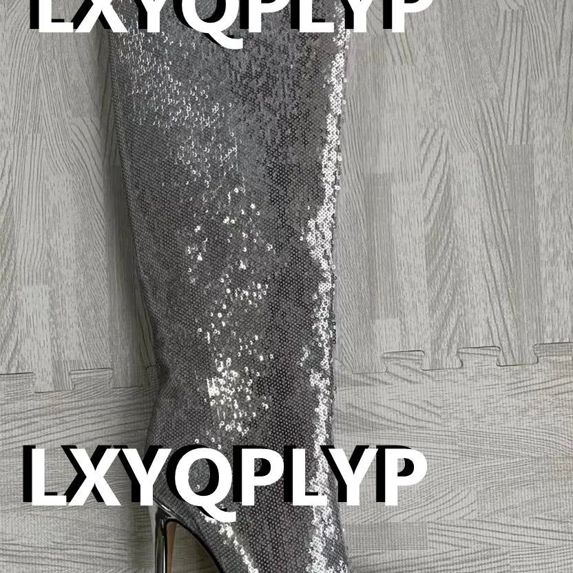 Thigh High Boots Candy Color Mirror Leather Women Knee High Boots High Heels Stilettos Runway Shoes for Women High Heel Boots 05silver-1 12cm