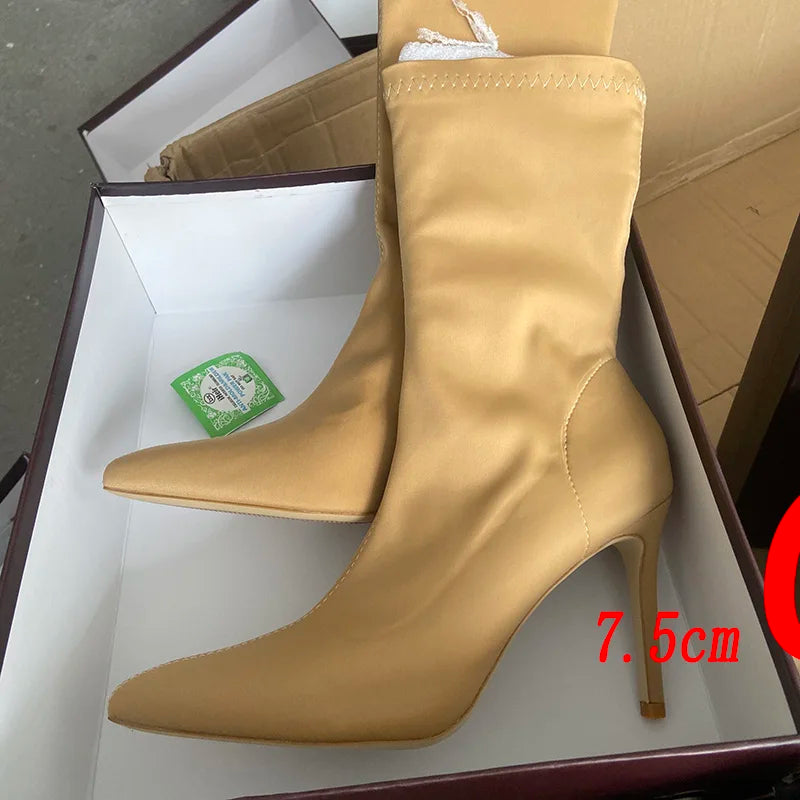 Women 7.5cm 10cm High Heels Silk Sock Boots Green Low Heels Short Ankle Boots Lady Stripper Winter Pointed Toe Satin Sexy Shoes Apricot-7cm