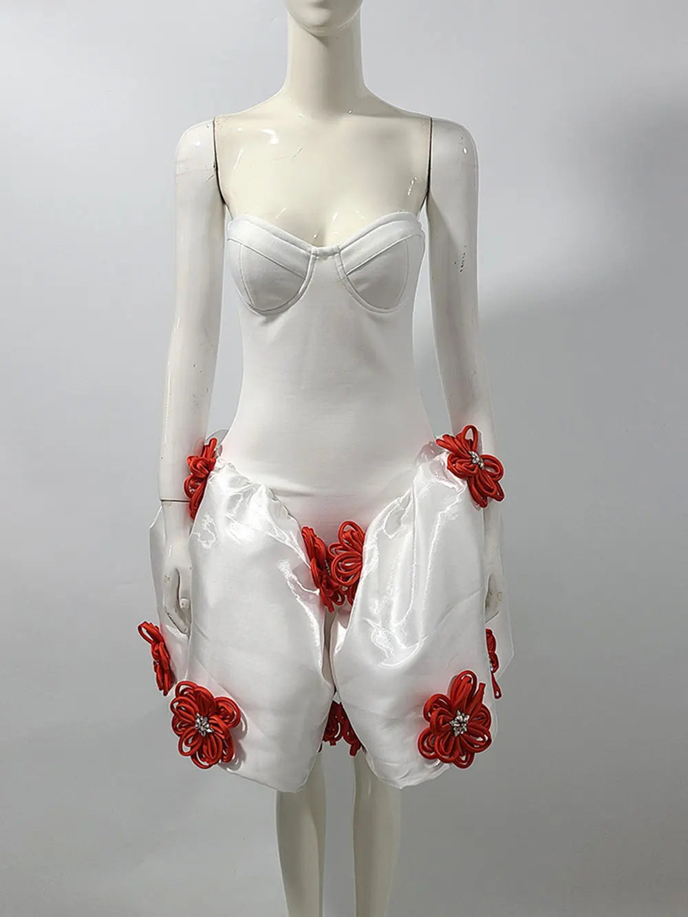 2024 Sexy Women's 3D Flower Decorative Puff Dress Strapless Sleeveless Backless A-line Mini Dress Cocktail Evening Party Vestido