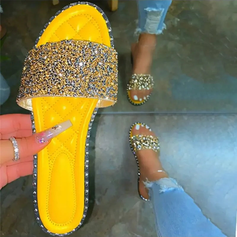 Women Crystal Slippers Ladies Bling Flats Female Fashion Outdoor Beach Shoes Female Footwear Women Summer Slides Plus Size yellow