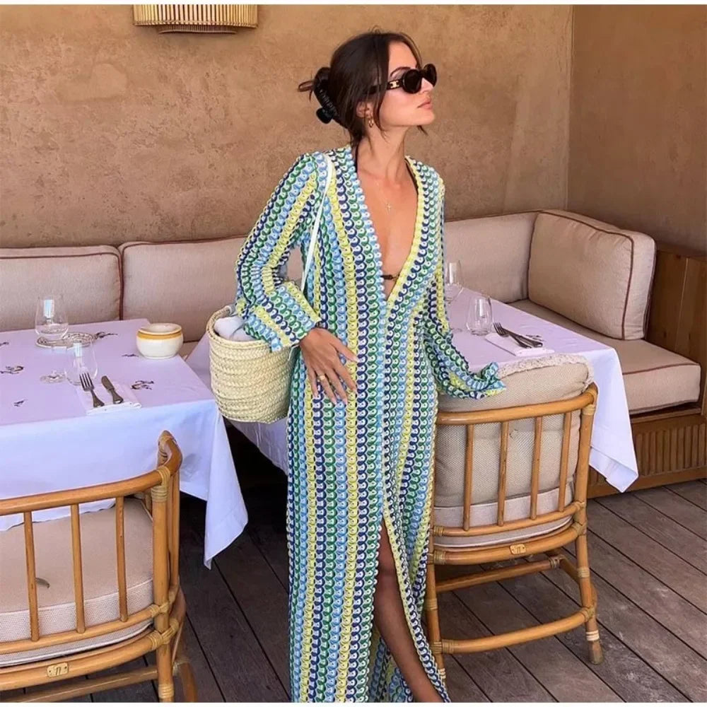 Striped Hooked Crochet Knit Long Dress Women Autumn Long Sleeve A Line Vestidos Female Vintage Commuter Slim Dresses green