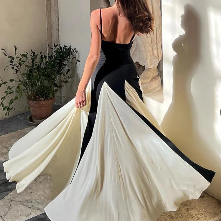 VC Color Block Spaghetti Straps Long Dress For Women Backless A-Line Maxi Celebrity Cocktail Party Evening Gowns Casual Vestidos