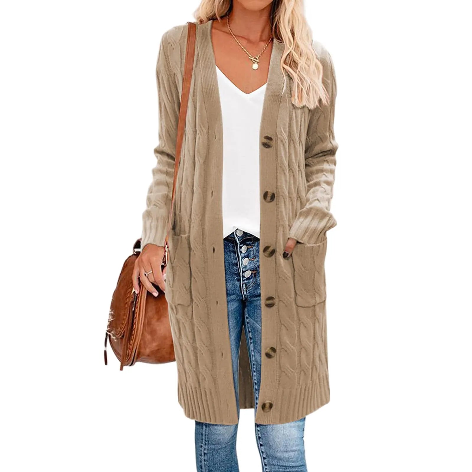 Female Cardigan Solid Color Long Sleeve Sweater Knitted Coat with Pockets for Spring Fall S M L