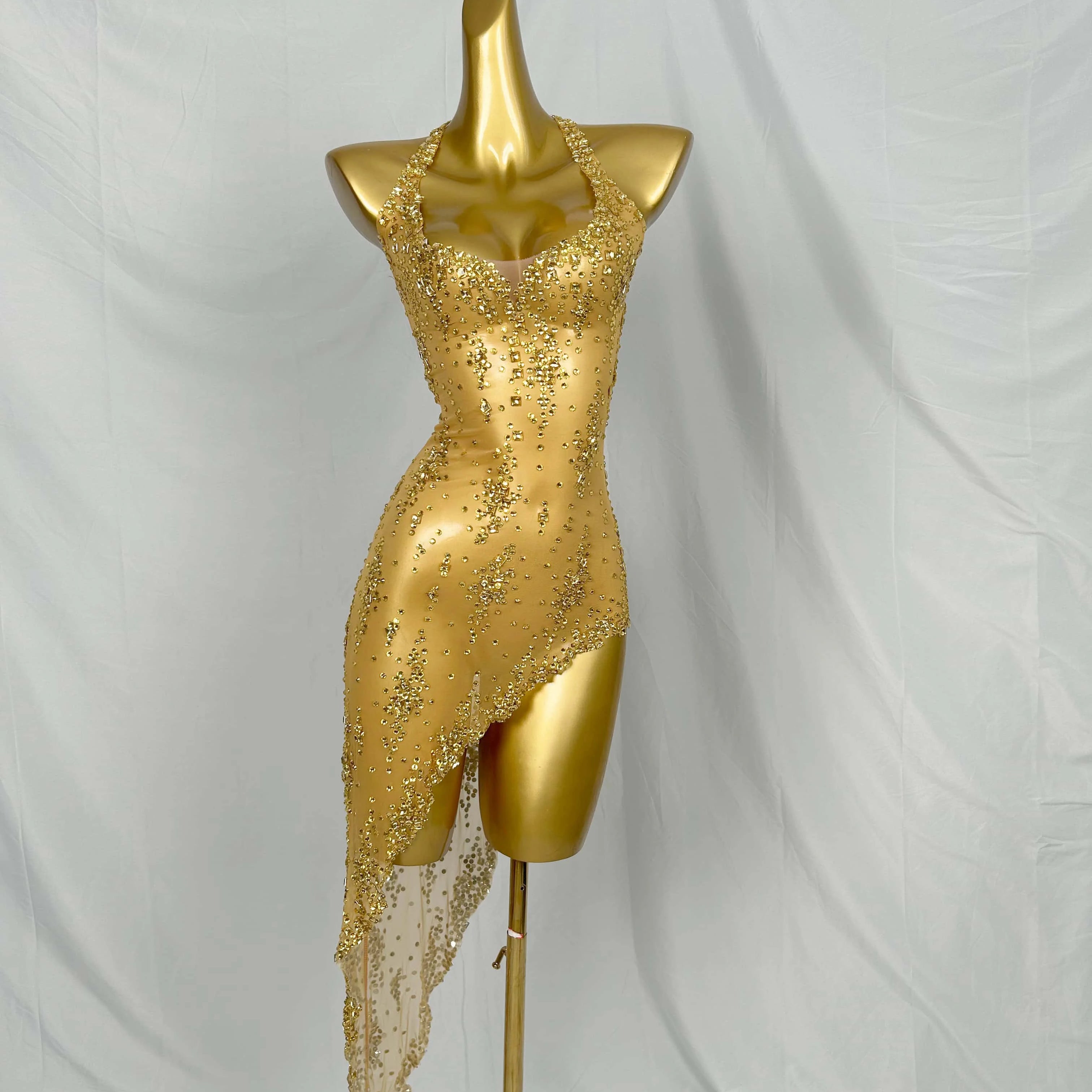 Nightclub Mini Dress Singer Stage Performance Wear Bar Party Asymmetrical Dress Sparkly Rhinestones Sleeveless Mesh Dress Xinghe