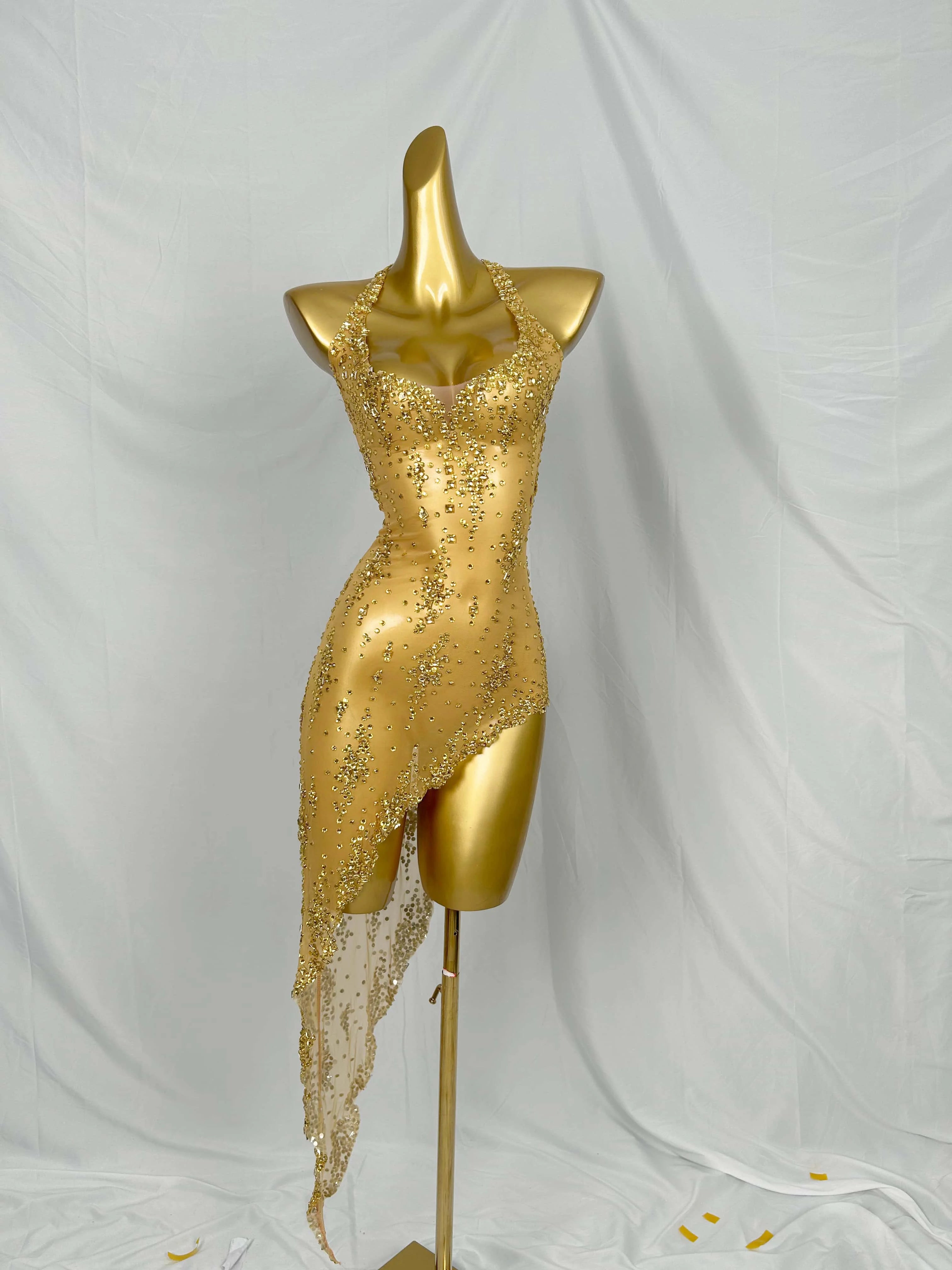 Nightclub Mini Dress Singer Stage Performance Wear Bar Party Asymmetrical Dress Sparkly Rhinestones Sleeveless Mesh Dress Xinghe