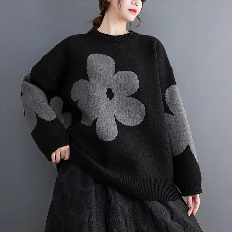 Women's Autumn And Winter Korean Bottoming Long Sleeves Flowers O-neck Pullover A-straight Vintage Sweater Trend Top
