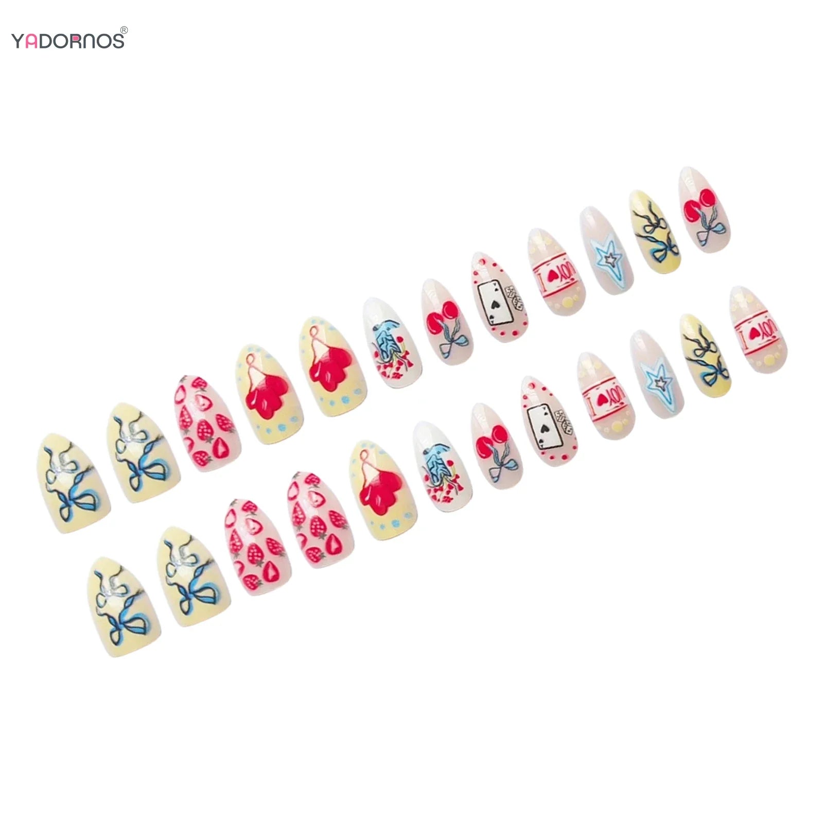 Y2K Girls Almond Fake Nails 24Pcs Colorful Press On Nails Strawberry/Bowknot/Star Printed Party Charm Manicure Stick-on Nail Art