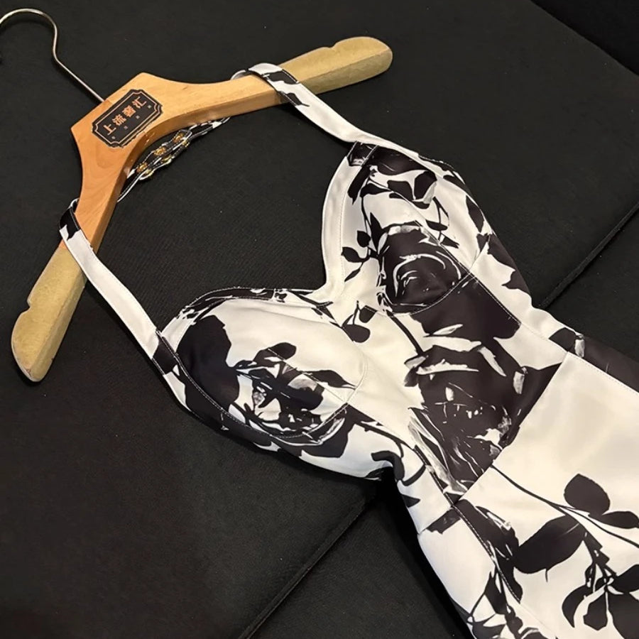 TWOTWINSTYLE Hit Color Slimming Spliced Printing Dresses for Women Halter Neck Sleeveless Temperament Dress Female Fashion New