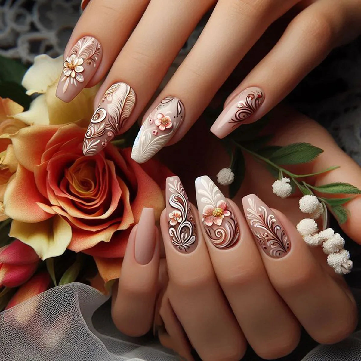 24pcs/set Short Medium long fake nails for women girls Spring summer flowers butterfly flamingo blue pink press on false nails