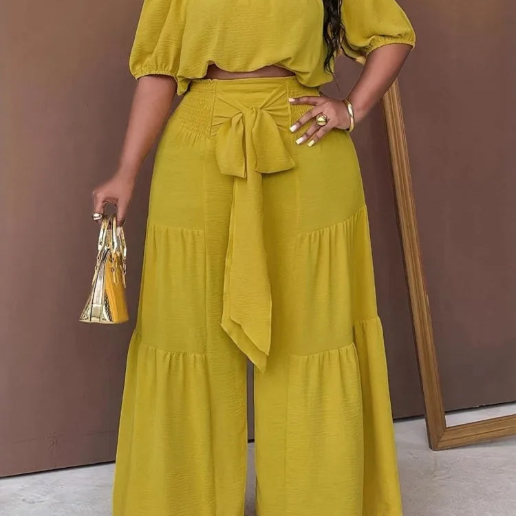 Plus Size Summer 2 Two Piece Set Women Casual Fashion Ladies Cropped Blouses Wide Leg Loose Pleated Woman Long Pant