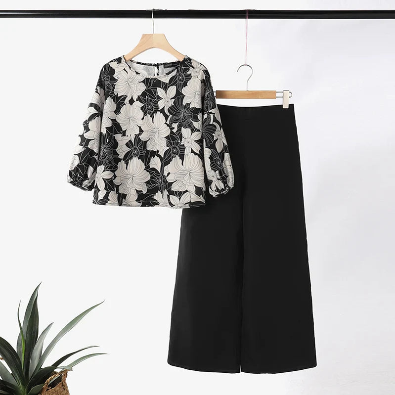 Fashion Trousers Suit Women 3/4 Sleeve Blouse Wide Leg Pant Sets Summer Matching Sets ZANZEA 2PCS Casual Printed Tracksuits Black
