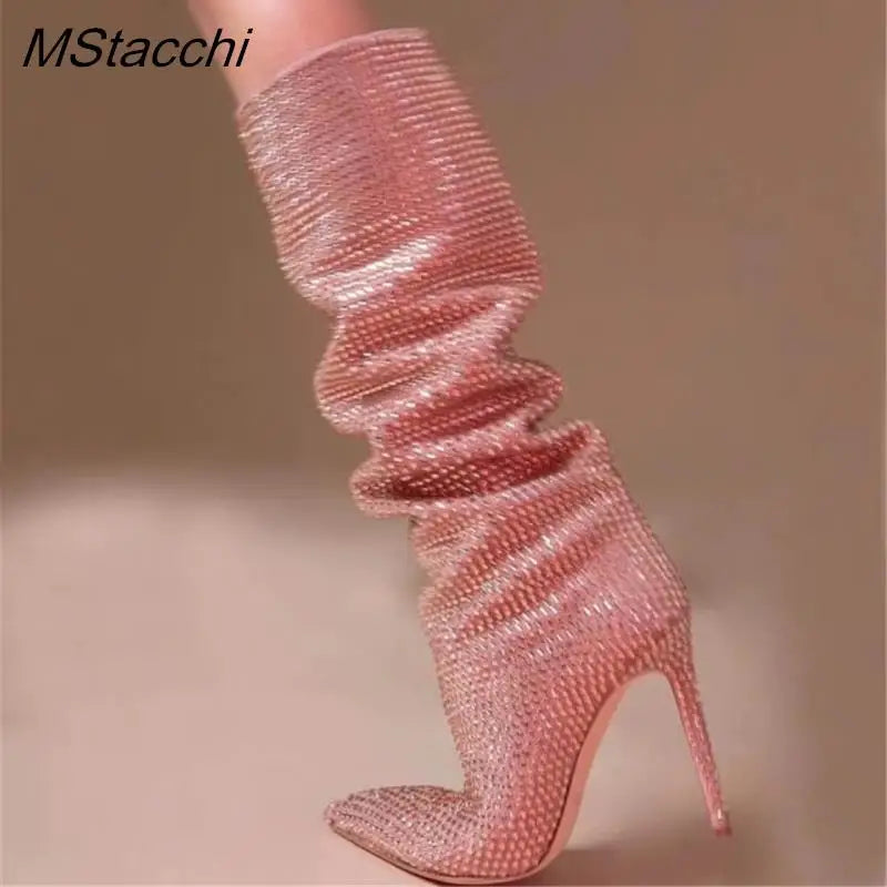 Rhinestone Women's High Boots Pointed Toe Slip-on Long Boots Women Boots High Heels Sexy Stiletto Ladies Party Shoes