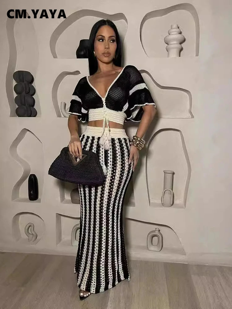 CM.YAYA Women's Set Short Sleeve V-neck Top + Long Skirts Suit Summer Knitted Hollow Out Streetwear Beach Sexy Two 2 Piece Sets