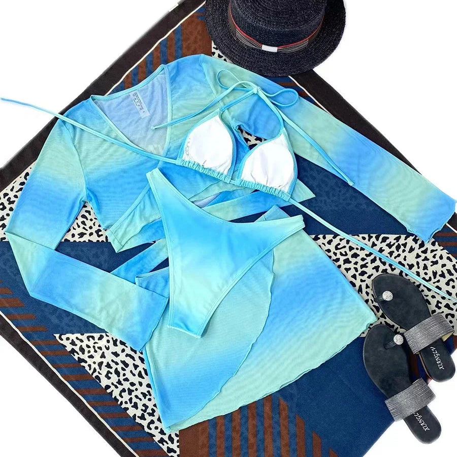 4 Pieces Halter Bikini Swimsuit & Cross Cover Up Top & Beach Skirt Sexy Swimwear Women Bathing Swimming Swim Suit Beachwear