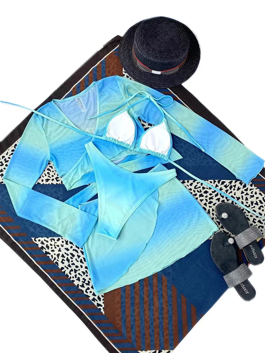 4 Pieces Halter Bikini Swimsuit & Cross Cover Up Top & Beach Skirt Sexy Swimwear Women Bathing Swimming Swim Suit Beachwear