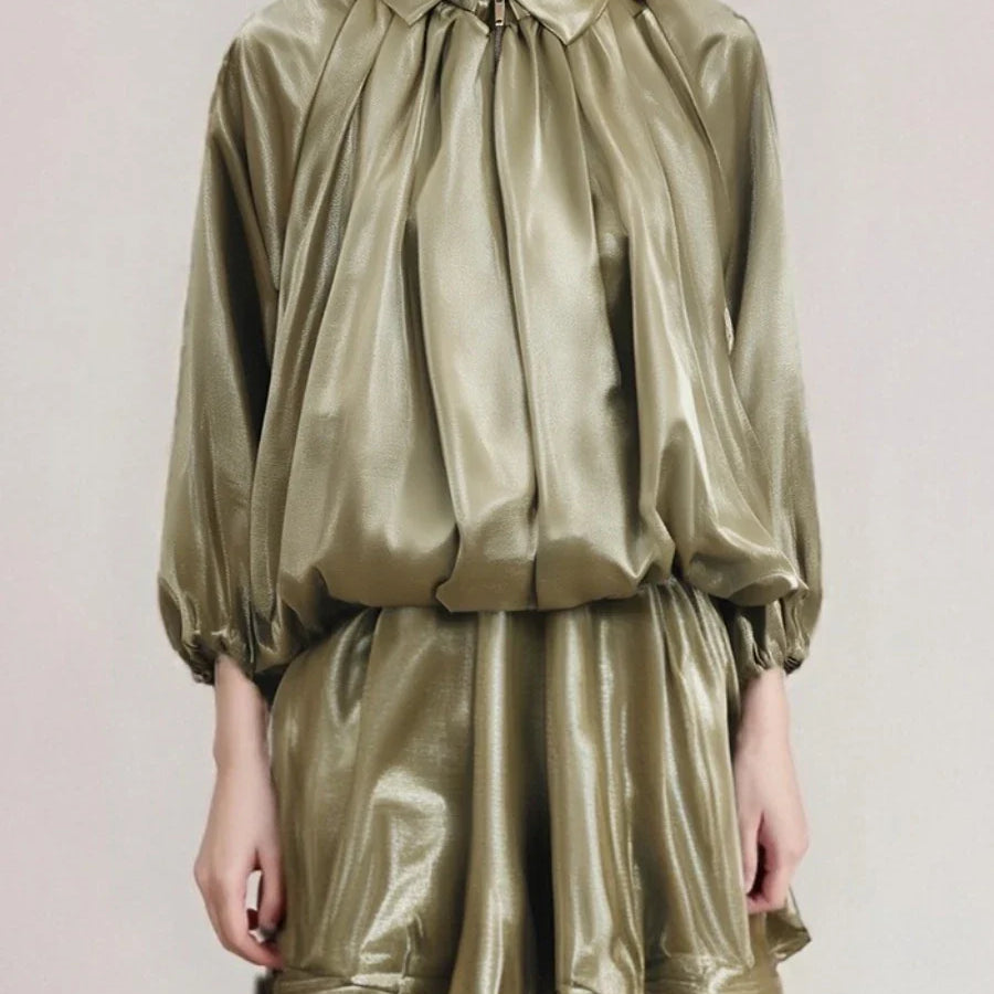 Solid Spliced Folds Casual Jackets for Women Lapel Long Sleeves Patchwork Zipper Temperament Jacket Femlae Fashion