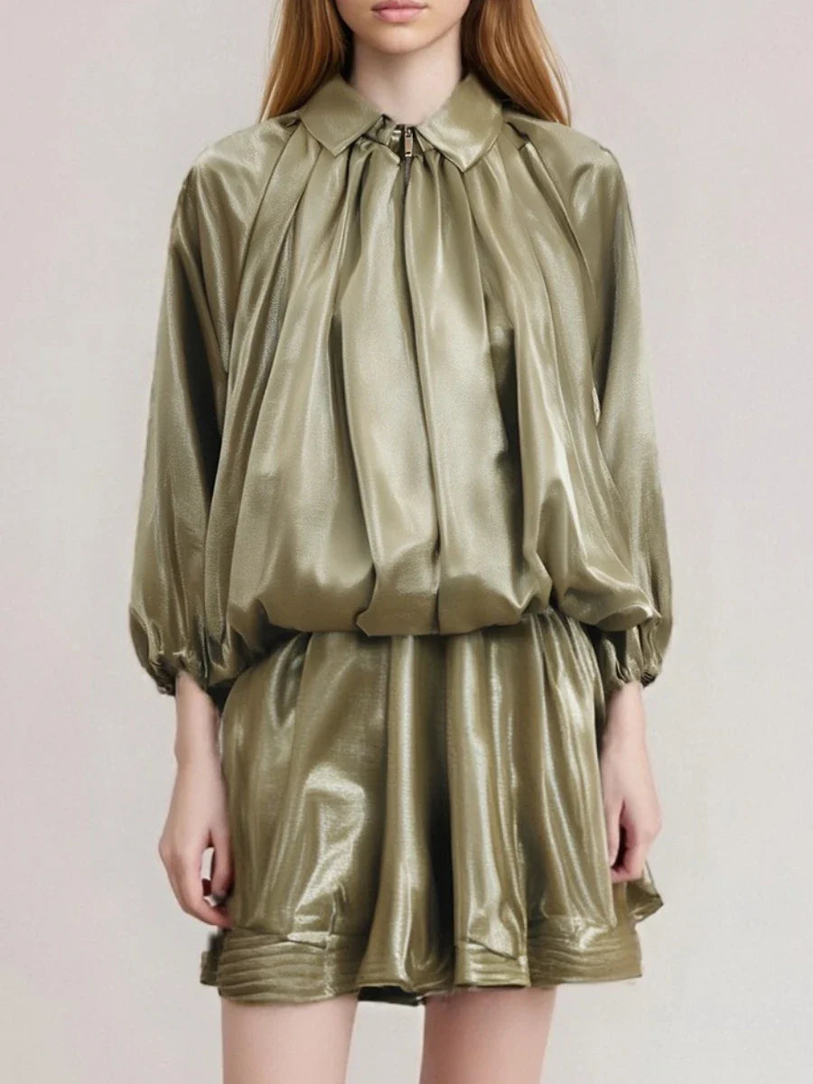 Solid Spliced Folds Casual Jackets for Women Lapel Long Sleeves Patchwork Zipper Temperament Jacket Femlae Fashion