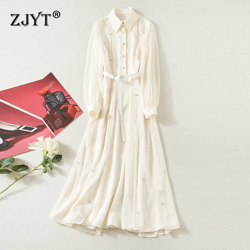 Spring Runway Embroidery Dress Women Elegant Long Sleeve Spring Midi Dress Single Breasted Party Holiday Vestidos