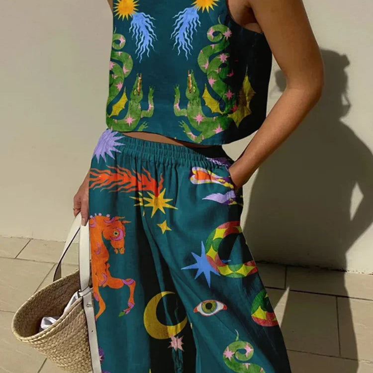 Casual Printed Pant Suits For Women Vintage Crew Neck Sleeveless Vest High Waist Loose Trouser Sets Female Beach Holiday Outfits