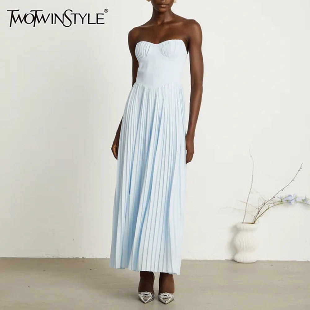 TWOTWINSTYLE Solid Slimming Elegant Midi Dresses for Women Strapless Sleeveless Patchwork Fold Dress Female Temperament Clothing