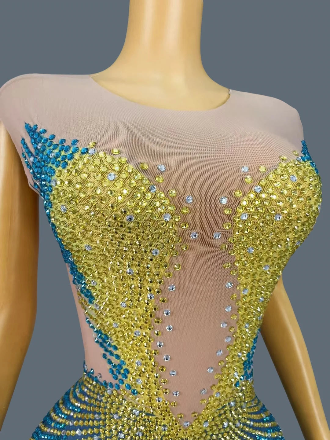 Sparkly Rhinestone Sheer Long Dress With High Side Slits Evening Gown Cocktail Party Club Singer Maxi Dress Ball Dress kongqueyu