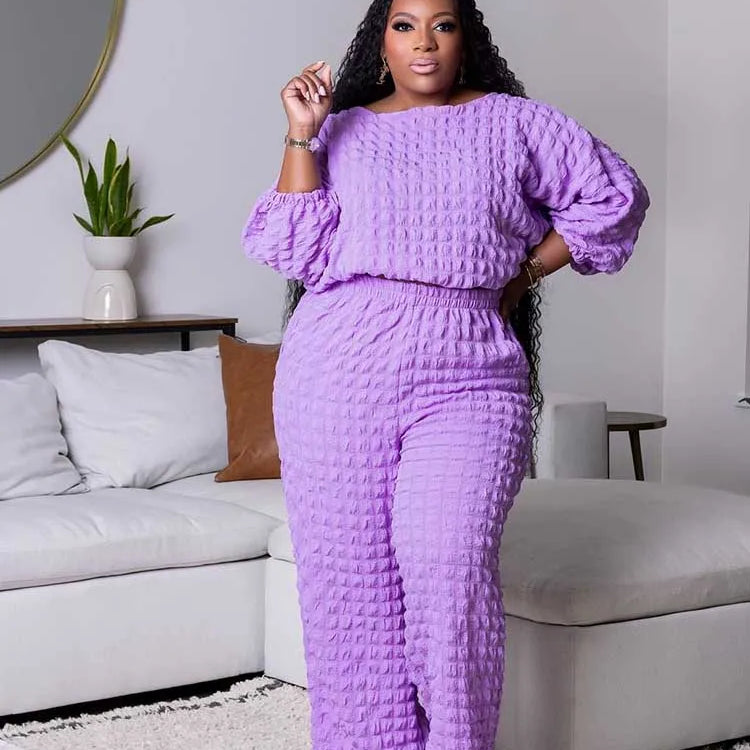 Curvy Plus Size Woman Clothing Fall Winter Long Sleeve 2 Piece Outfit Set Bubble Waffle Pleated Top and Pants Sets Elegant Suit