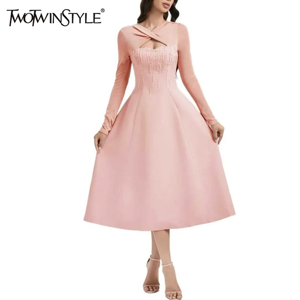 TWOTWINSTYLE Solid Slimming Bead Elegant Dresses for Women Round Neck Long Sleeve Hollow Out Temperament Dress Female Clothing