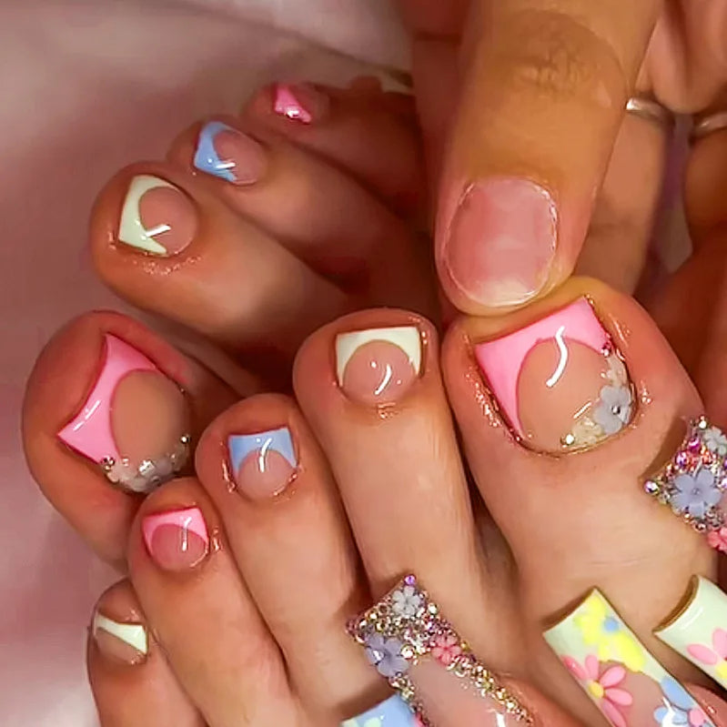 24Pcs Butterfly Design False Toe Nails with Rhinestone Short French Press on Fake Nails Wearable Finished Full Cover Nail Tips