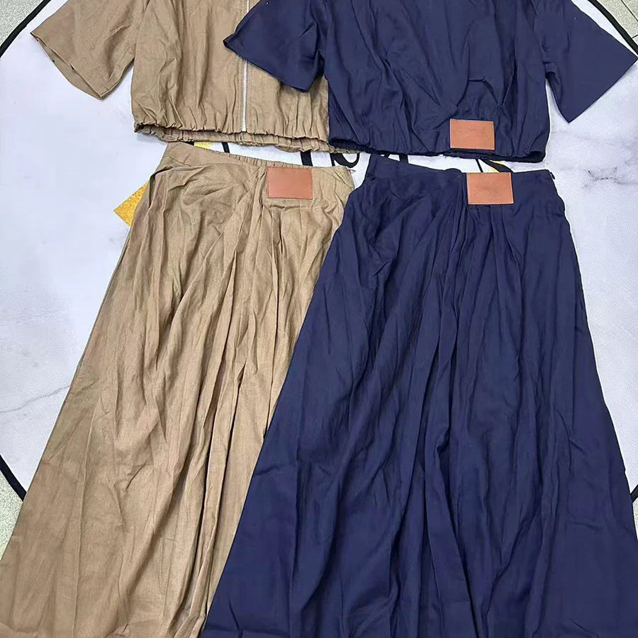 Solid Causal Two Piece Sets for Women Lapel Short Sleeves Spliced Zipper Top High Waist Skirt Set Female Fashion