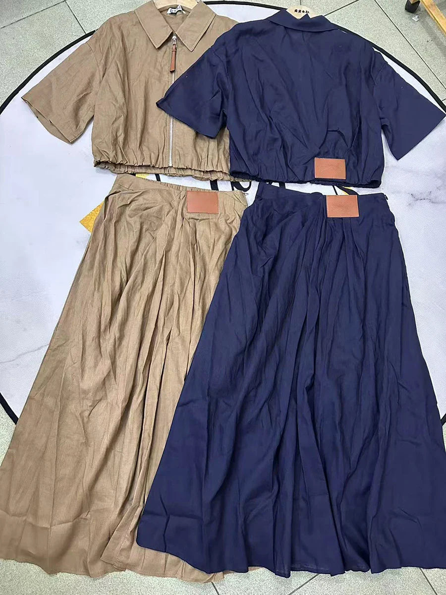 Solid Causal Two Piece Sets for Women Lapel Short Sleeves Spliced Zipper Top High Waist Skirt Set Female Fashion