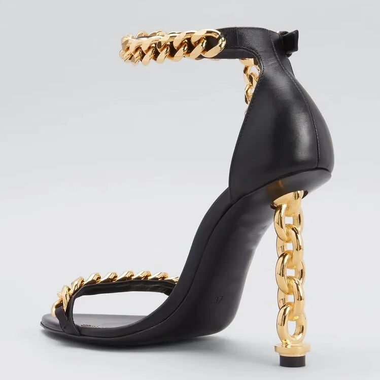 European and American Summer New Metal Chain High Heel Sandals Fashion Show One Line Sexy Open Teeth Women's Sandals