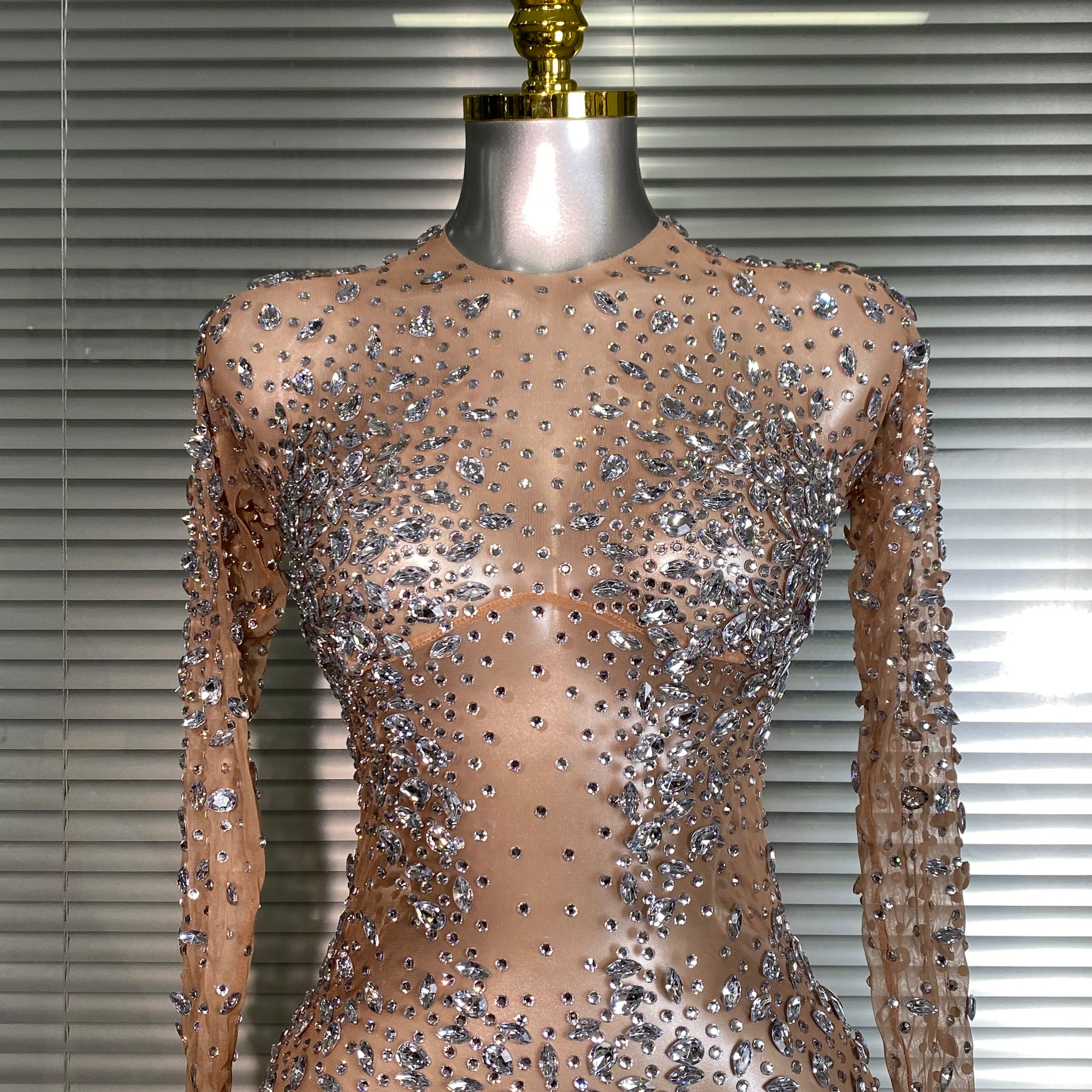 New Women Sexy Long Sleeve Mesh Sequins Maxi Dress See Through Skin Sheer Party Singer Party Costume Stage Performance Dress