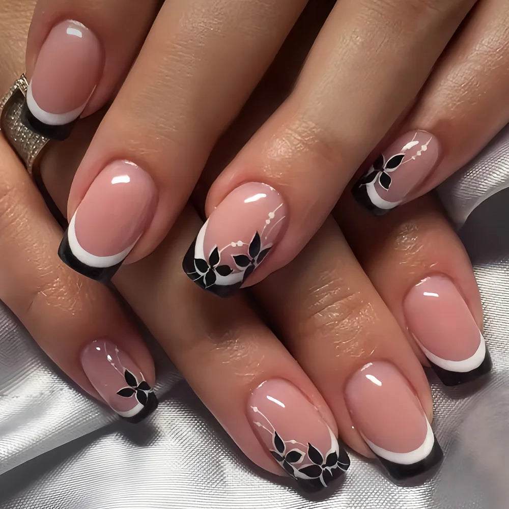 Y2K Girls Fake Nails Black French Tip Almond Press on Nails Pink Bowknot Design Korean Charm False Nail Women DIY Manicure 24Pcs