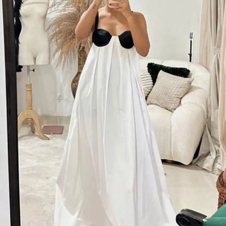 Women Fashion Color Matching Halter Maxi Dress Ladies Sexy Backless Off Shoulder Sleeveless Dresses Female party Holiday Robes