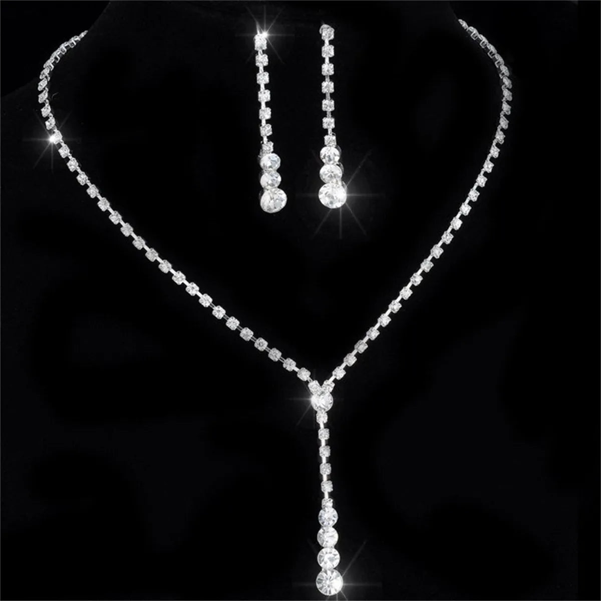Luxury Elegant Zircon Flower Necklace Earrings Set For Women Silver Color Rhinestone Waterdrop Heart Wedding Bridal Jewelry Set